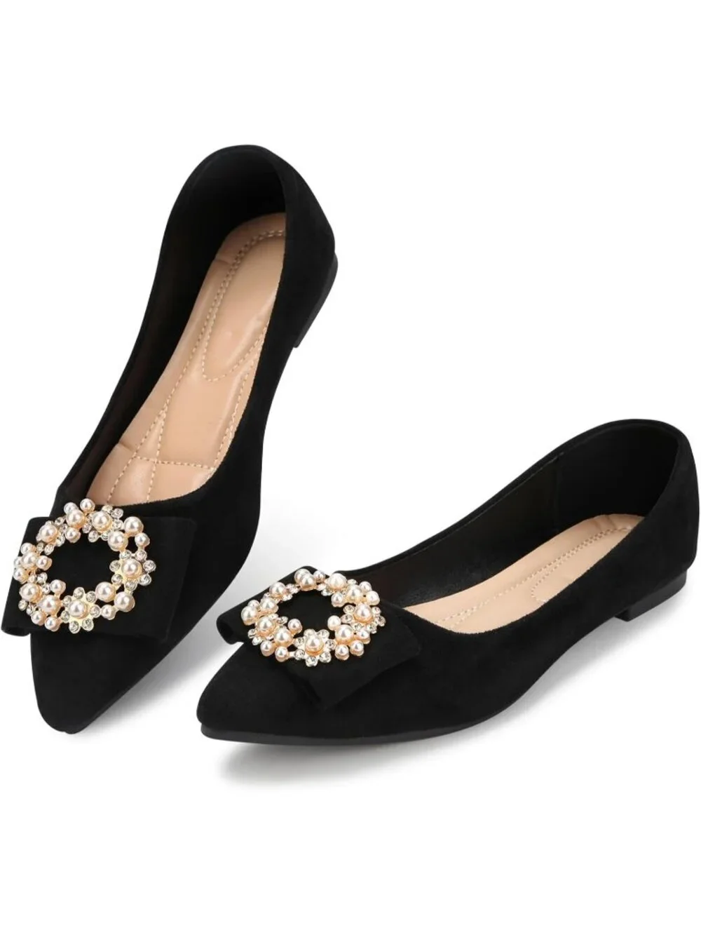 Women's 01-Black Pointed Toe Pearl Flats Comfort Non Slip Soft Sole Office Shoes